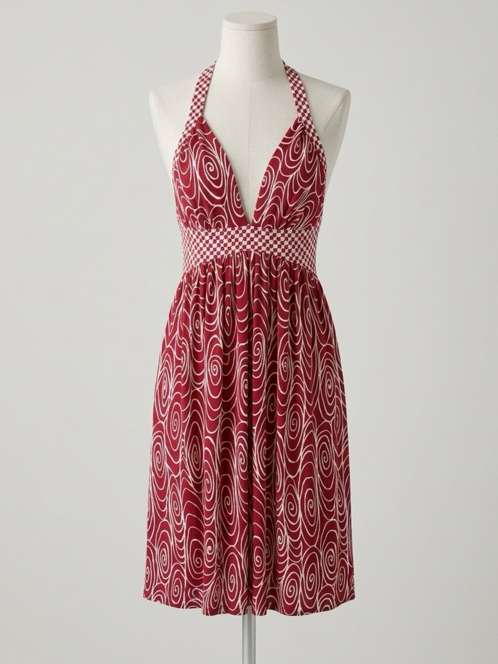 Y2K Red Swirl Whimsical Halter Dress with Smocked Waist